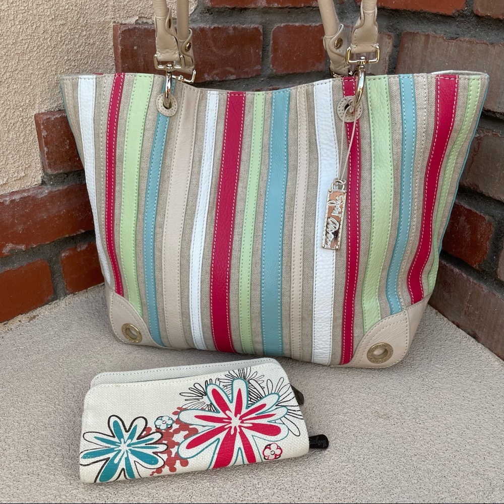 Sigrid Olsen 🌺 Striped Canvas and Leather Tote Bag w/matching wallet